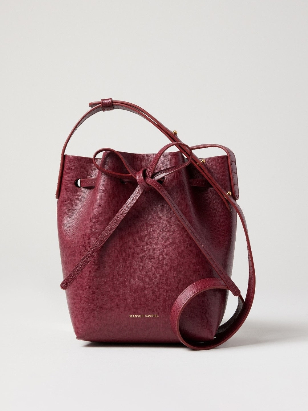 Mansur Gavriel Maroon Leather Drawstring Bucket Crossbody
